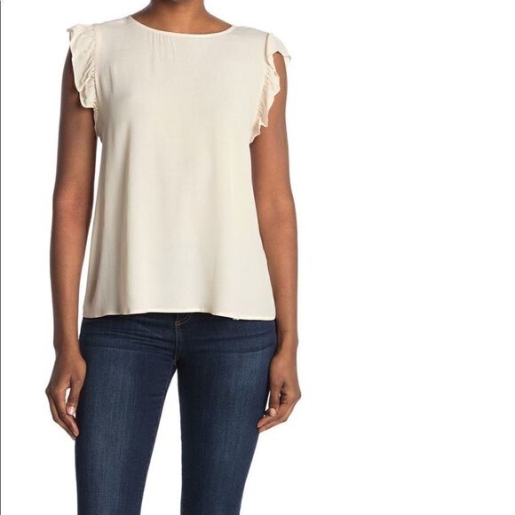 Ba&sh Fani Top wrap  Back Flutter Sleeve Crew Neck Crepe Blouse  Cream, S; M; L - Picture 2 of 12